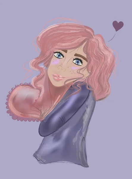 Γελοιογραφία κορίτσι με ροζ μαλλιά με καρδιές πάνω από το κεφάλι. Σκέφτομαι την αγάπη. — Διανυσματικό Αρχείο