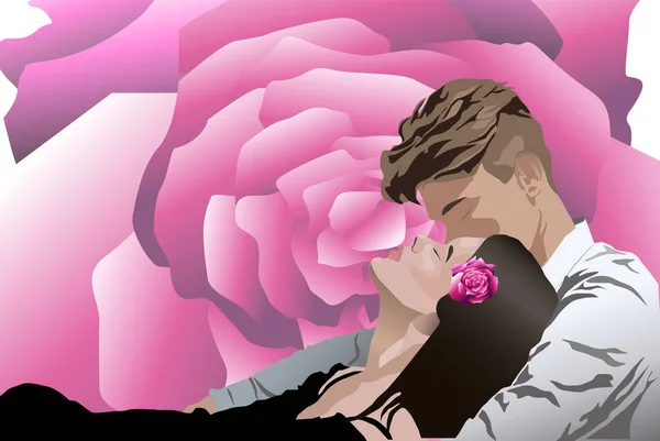 Young couple kissing each other while laying down. Rose flower on background — 스톡 벡터