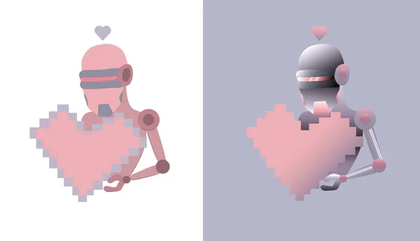 Robot tenant un coeur de rose pixellisé avec idée de jour d'amour — Image vectorielle