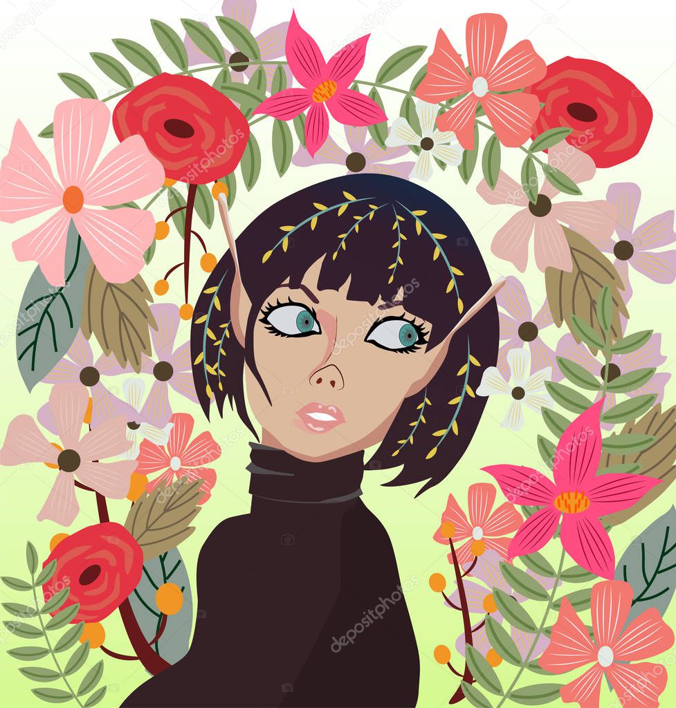 Abstract shot of elf girl with flowers all around her