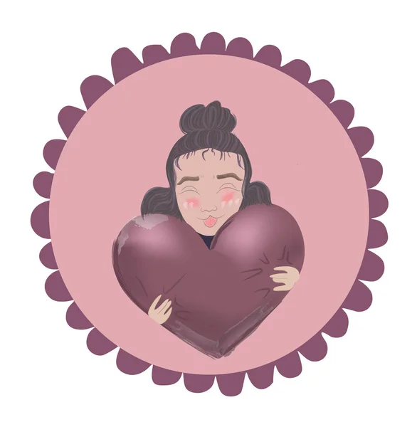 Jong meisje krullend haar en rode wangen die een hartballon omhelzen. Valentijnsdag kaart vectoren — Stockvector