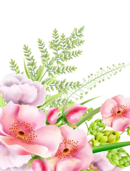 Fleurs de pivoine aquarelle avec artichaut et feuilles vertes. Vecteurs de printemps — Image vectorielle
