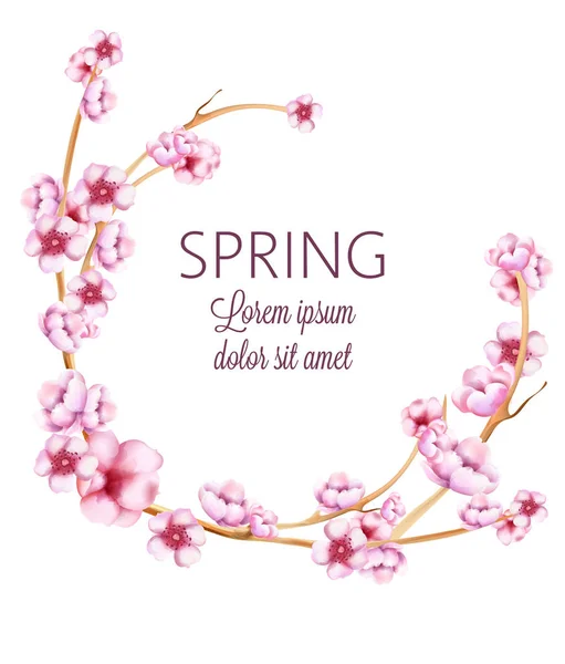 水彩花とピンクの春の花輪 — ストックベクタ