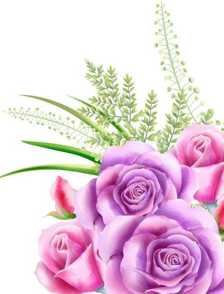 Watercolor pink rose flowers with green leaves on background — 图库矢量图片