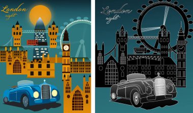 Londra 'nın gece vakti ünlü şehir simgeleri, büyük Ben, milenyum çarkı