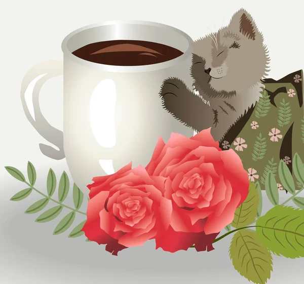 Lindo gatito sosteniendo una taza blanca llena de café — Archivo Imágenes Vectoriales