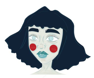 Çizgi film stili kız, mavi saçlı ve yanaklarında kırmızı halkalar.