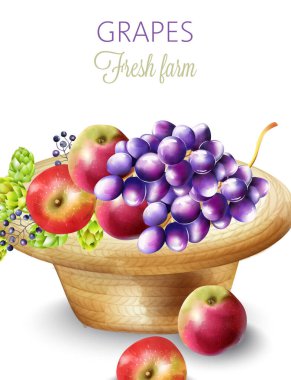 Üzüm, elma, enginar ve böğürtlen içeren taze tarım ürünleri.