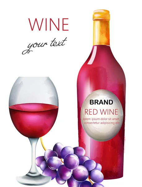 Watercolor red wine composition with bottle, grapes and filled glass — 스톡 벡터