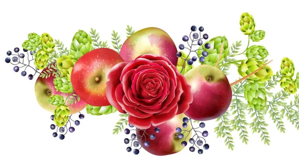 Zestaw wiosenny z różanymi kwiatami, jagodami, jabłkami, karczochami i zielonymi liśćmi — Wektor stockowy