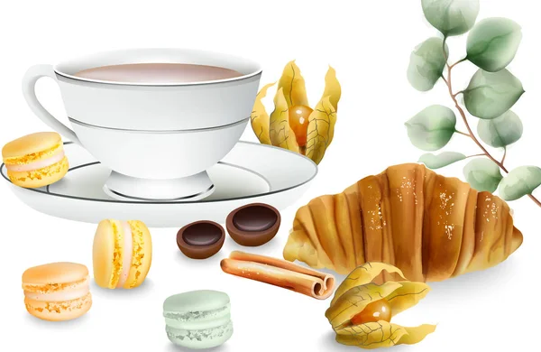 Heerlijke croissant met kaneelstokjes, macaron snoepjes, cape kruisbes en toffee snoep op tafel — Stockvector