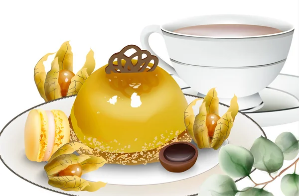 Delicioso pastel de pudín con grosella de la capa, dulces macaron, té y caramelos de caramelo en la mesa — Vector de stock