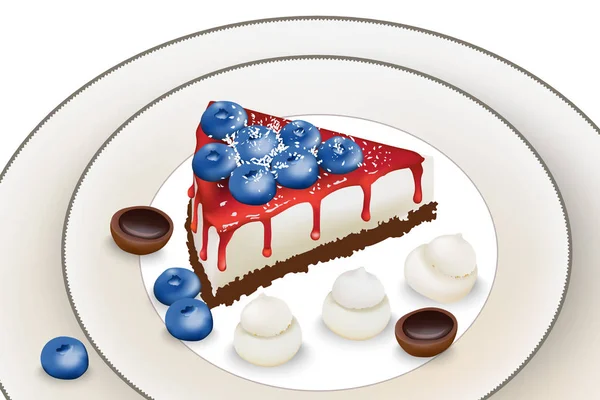 Délicieux gâteau aux myrtilles et sirop rouge. Décoration de bonbons meringue et caramel — Image vectorielle