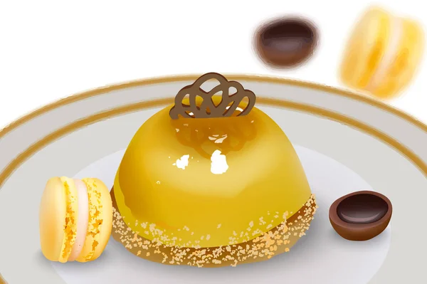 Délicieux gâteau au pudding avec bonbons au macaron et bonbons au caramel — Image vectorielle