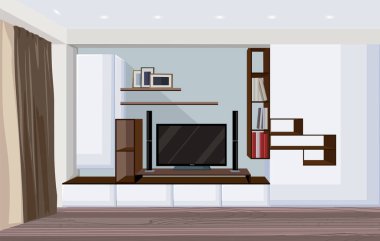 Kitaplar ve fotoğraf çerçeveleri için rafları olan modern oturma odası.