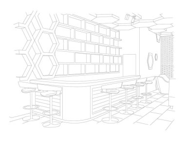 Outline sketch of a modern cafe with sofa and tables. Bar side clipart
