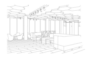 Outline sketch of a modern cafe with sofa and tables clipart