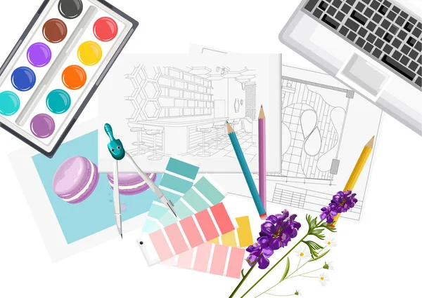 Bureau d'architecte d'intérieur avec guide de formule de couleur pantone, clavier, croquis, aquarelle et boussole — Image vectorielle