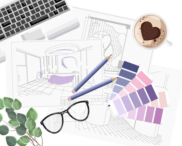 Interiör designer skrivbord med färg formel guide, tangentbord, skiss och kaffe med hjärtform — Stock vektor
