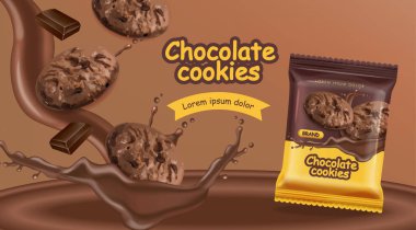Çikolatalı kurabiye vektörü gerçekçi bir model. Çikolata aromalı tatlı düşüşü kurabiyeleri. 3D detaylı ürün paketi. etiket reklam paketleri