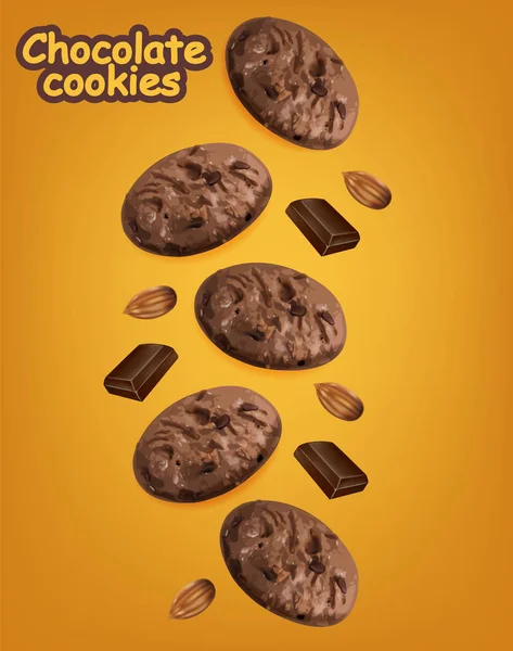 巧克力饼干是现实的。致命的甜点掉落饼干。3d详细的产品包装或标签背景 — 图库矢量图片
