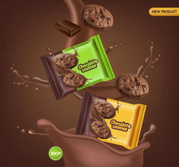Schokokekse Vektor realistische Mock-up. Desserts fallen Kekse mit Schokoladenspritzer. 3D detailliertes Produktpaket. Etikettendesign-Plakate — Stockvektor