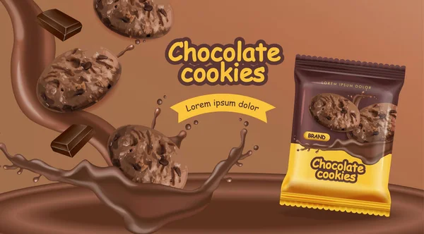 Chocoladekoekjes vector realistische mock up. Declious dessert vallende koekjes met chocolade splash. 3d gedetailleerd productpakket. etiketten reclame verpakkingen — Stockvector