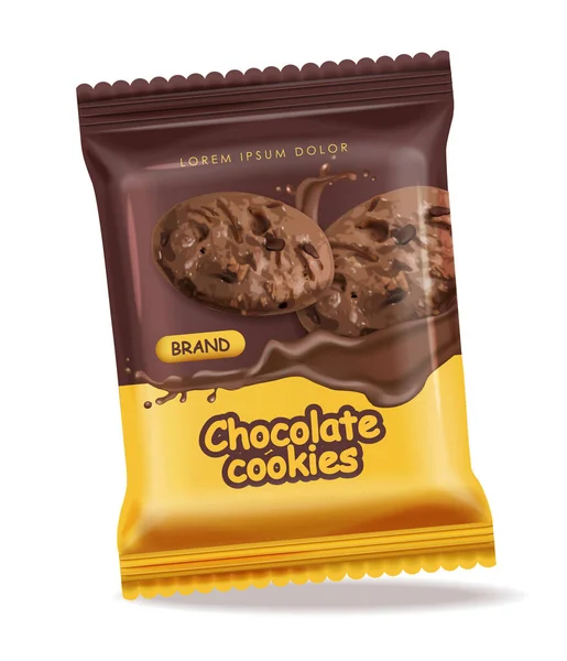Çikolatalı kurabiyeler izole edilmiş vektör gerçekçi maketler. Çikolata aromalı tatlı düşüşü kurabiyeleri. 3d detaylı ürün paketleri — Stok Vektör