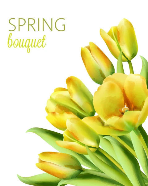 Acuarela ramo de primavera de flores de tulipán amarillo con hojas verdes — Vector de stock
