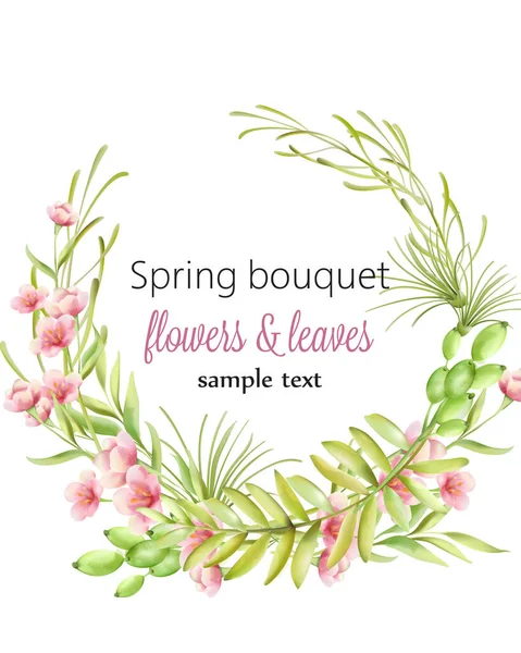 Spring bouquet wreath of cherry blossom flowers with green leaves — Stock Vector