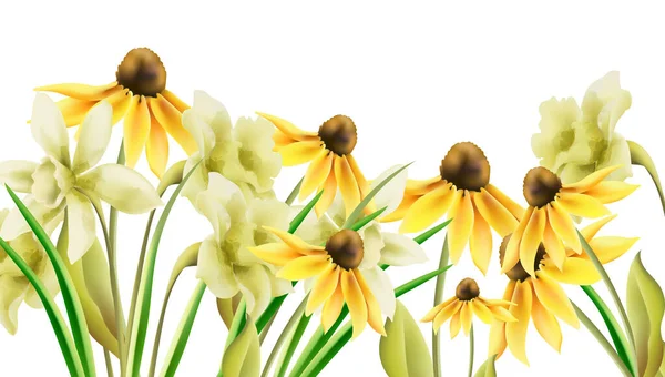 Flores de narciso amarelo brilhante em estilo aquarela. Banner — Vetor de Stock