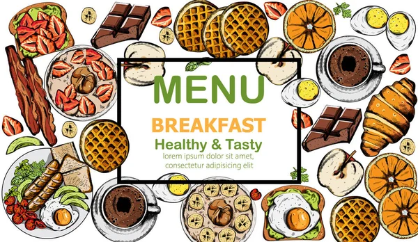 Café da manhã saudável e saboroso com vários alimentos e bebidas — Vetor de Stock