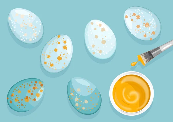 Huevos de Pascua con gotas de pintura y pincel de tinte — Vector de stock