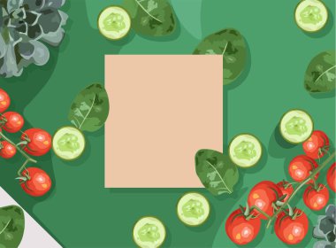 Ecological products composition with branch of red tomatoes, spinach and cucumbers