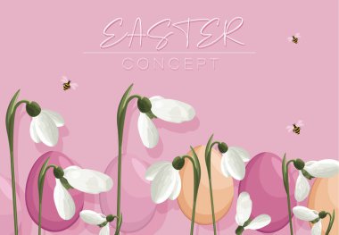 Spring purple banner with easter eggs, white snowdrops and bees flying