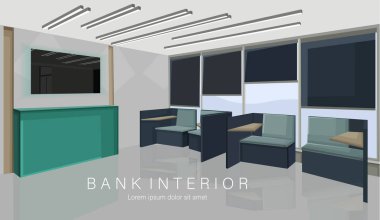 Bank interior design concept with green colors. Chairs for waiting