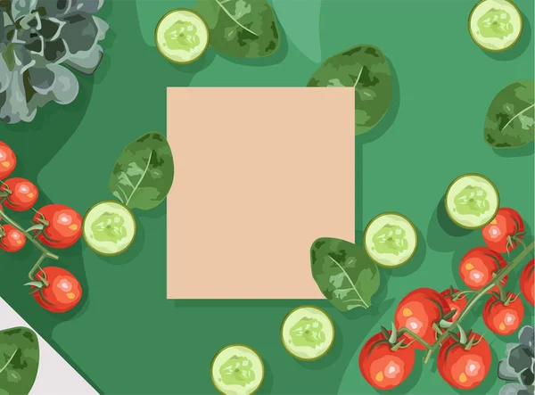 Ecological products composition with branch of red tomatoes, spinach and cucumbers — Stockvector