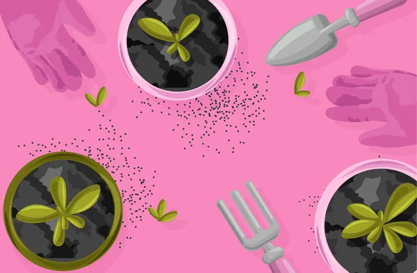 Концепция садоводства с розовыми перчатками, лопатой и грабли. Цветы, растущие в горшке — стоковый вектор