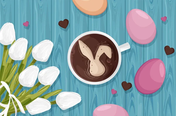 Happy Easter eggs decorations with white tulip flowers and coffee with bunny — Stockvector