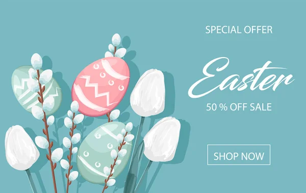 Banner de venta de Pascua feliz con huevos, amentos blancos y decoraciones de flores de tulipán — Archivo Imágenes Vectoriales