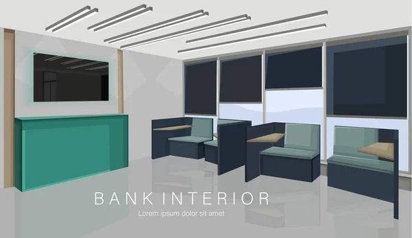 Konsep desain interior bank dengan warna hijau. Kursi untuk menunggu - Stok Vektor