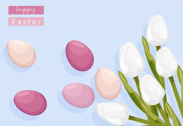 Easter eggs without decorations and white tulip flowers — Stockový vektor