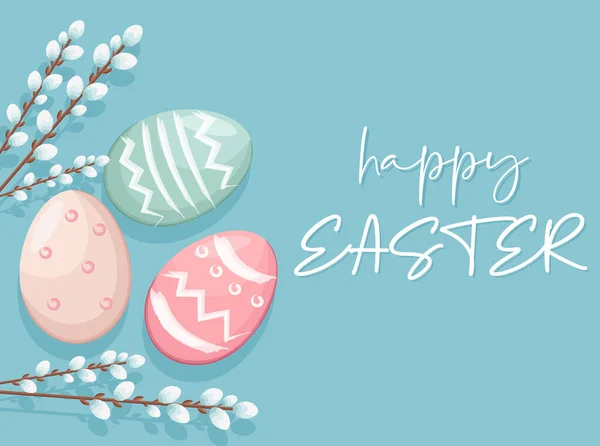Happy Easter eggs with white catkins decorations. Vibrant colors with blue background — Stockvector