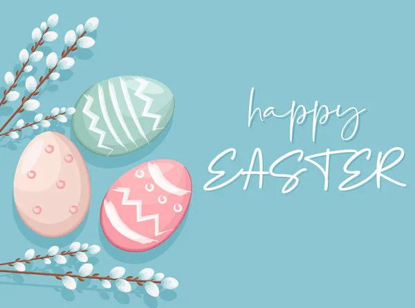 Happy Easter eggs with white catkins decorations. Vibrant colors with blue background — Stock Illustration Happy Easter eggs with white catkins decorations. Vibrant colors with blue background Royalty Free Stock Illustrations