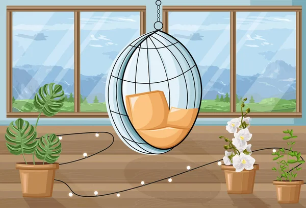 Acogedora casa con flores y silla oscilante. Montañas en el fondo — Vector de stock