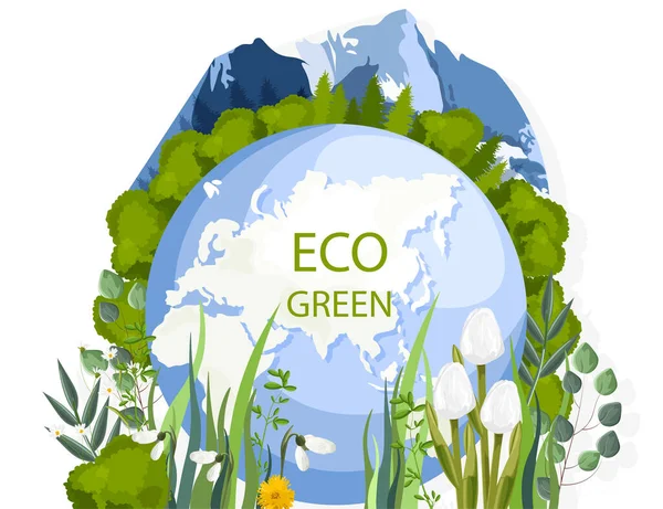 Eco groene aarde compositie met sneeuwklokjes en groene bomen, bergen — Stockvector