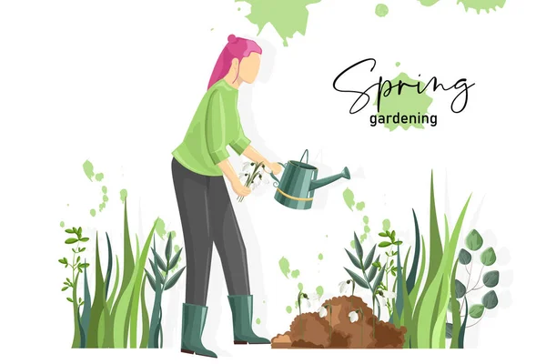 Primavera composição jardinagem com uma mulher regando snowdrops — Vetor de Stock