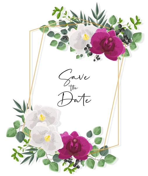 Tarjeta de boda con flores de orquídea blanca y púrpura. Hojas verdes decoraciones — Vector de stock