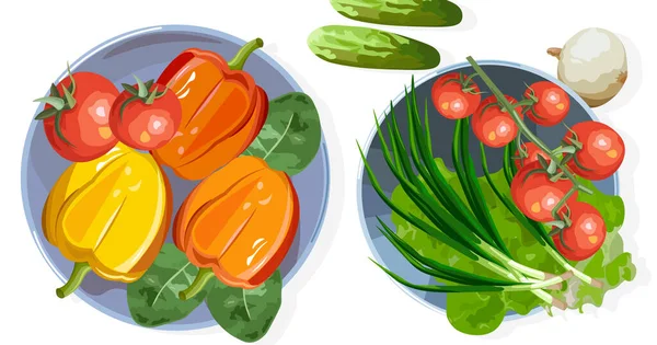 Zusammensetzung des gesunden Gemüses auf dem Tisch. Tomaten, Gurken, Zwiebeln, Salat, Paprika und Spinat — Stockvektor