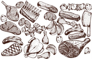 Line art meat set with sausage, steak, pork ribs and butcher knife